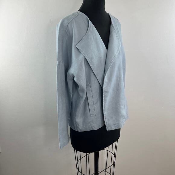 EILEEN FISHER Blue Drape Front Jacket Organic Linen Boxy Fit Size Medium M - Picture 3 of 8
